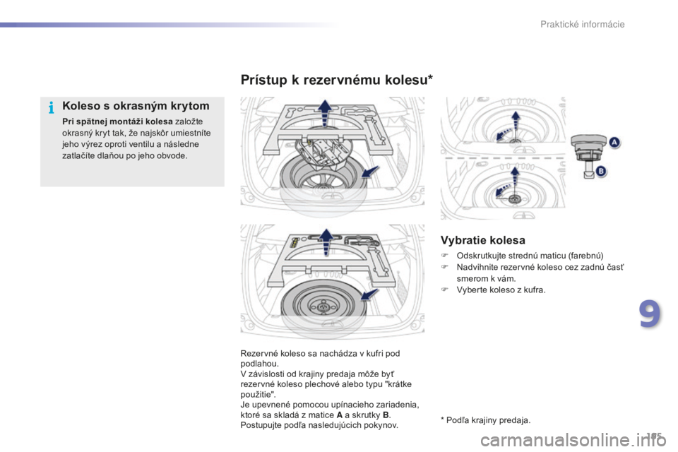 PEUGEOT 2008 2016  Návod na použitie (in Slovakian) 195
2008_sk_Chap09_info-pratiques_ed01-2016
Rezervné koleso sa nachádza v kufri pod 
podlahou.
V závislosti od krajiny predaja môže byť 
rezervné koleso plechové alebo typu "krátke 
použ