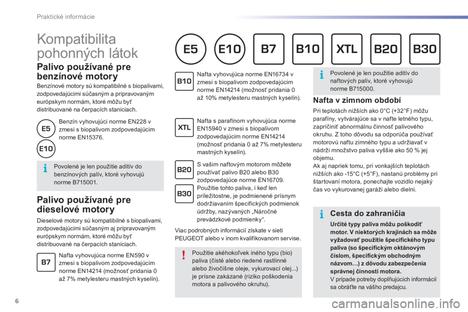 PEUGEOT 2008 2016  Návod na použitie (in Slovakian) 6
Praktické informácie
2008-additif_sk_Chap09_info-pratiques_ed01-2016
 Kompatibilita 
pohonných látok 
          P a l i v o   p o u ž í v a n é   p r e  
benzínové motory 
  Benzínové mot