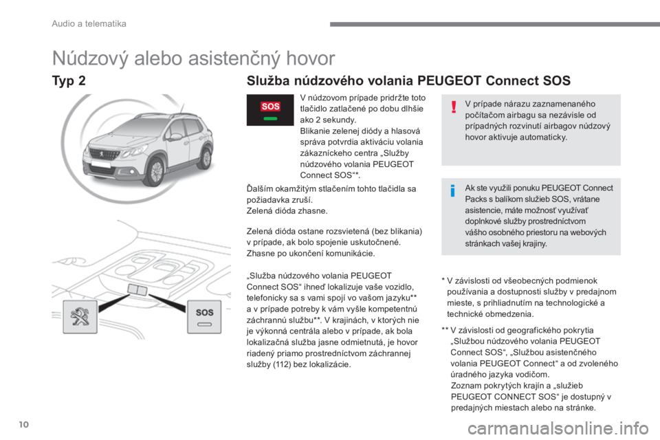 PEUGEOT 2008 2016  Návod na použitie (in Slovakian)  Audio a telematika 
10
2008-additif_sk_Chap12a_BTA-2-BTA-3R_ed01-2016
       N ú d z o v ý   a l e b o   a s i s t e n č n ý   h o v o r  
  V prípade nárazu zaznamenaného počítačom airbagu