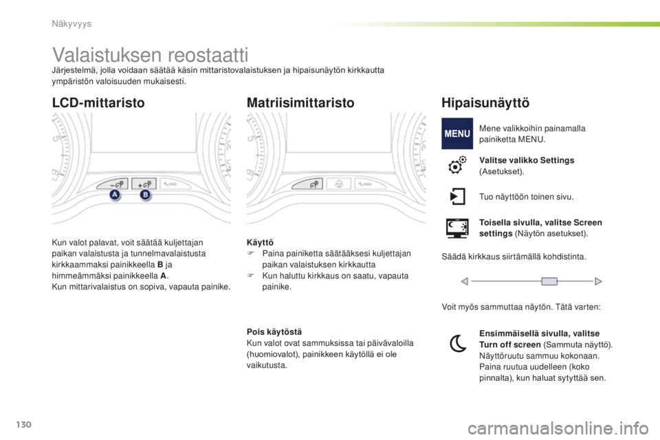 PEUGEOT 2008 2016 Omistajan Käsikirja (in Finnish) 130
2008_fi_Chap06_visibilite_ed01-2016
Valaistuksen reostaattiJärjestelmä, jolla voidaan säätää käsin mittaristovalaistuksen ja hipaisunäytön kirkkautta ympäristön valoisuuden mukaisesti.
PEUGEOT 2008 2016 Omistajan Käsikirja (in Finnish) 130
2008_fi_Chap06_visibilite_ed01-2016
Valaistuksen reostaattiJärjestelmä, jolla voidaan säätää käsin mittaristovalaistuksen ja hipaisunäytön kirkkautta ympäristön valoisuuden mukaisesti.