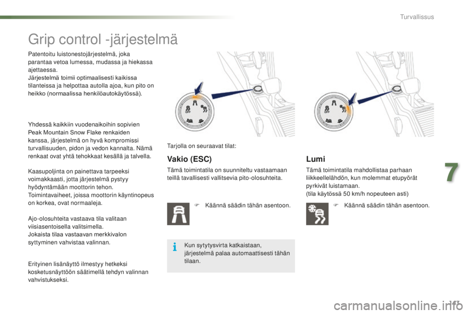 PEUGEOT 2008 2016 Omistajan Käsikirja (in Finnish) 143
2008_fi_Chap07_securite_ed01-2016
Grip control -järjestelmä
Patentoitu luistonestojärjestelmä, joka
parantaa vetoa lumessa, mudassa ja hiekassa
ajettaessa.
Järjestelmä toimii optimaalis PEUGEOT 2008 2016 Omistajan Käsikirja (in Finnish) 143
2008_fi_Chap07_securite_ed01-2016
Grip control -järjestelmä
Patentoitu luistonestojärjestelmä, joka
parantaa vetoa lumessa, mudassa ja hiekassa
ajettaessa.
Järjestelmä toimii optimaalis