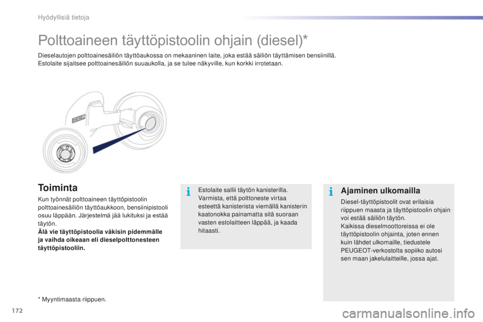 PEUGEOT 2008 2016 Omistajan Käsikirja (in Finnish) 172
2008_fi_Chap09_info-pratiques_ed01-2016
To i m i n t a
Kun työnnät polttoaineen täyttöpistoolin
polttoainesäiliön täyttöaukkoon, bensiinipistooli
osuu läppään. Järjestelmä jäà PEUGEOT 2008 2016 Omistajan Käsikirja (in Finnish) 172
2008_fi_Chap09_info-pratiques_ed01-2016
To i m i n t a
Kun työnnät polttoaineen täyttöpistoolin
polttoainesäiliön täyttöaukkoon, bensiinipistooli
osuu läppään. Järjestelmä jäÃ