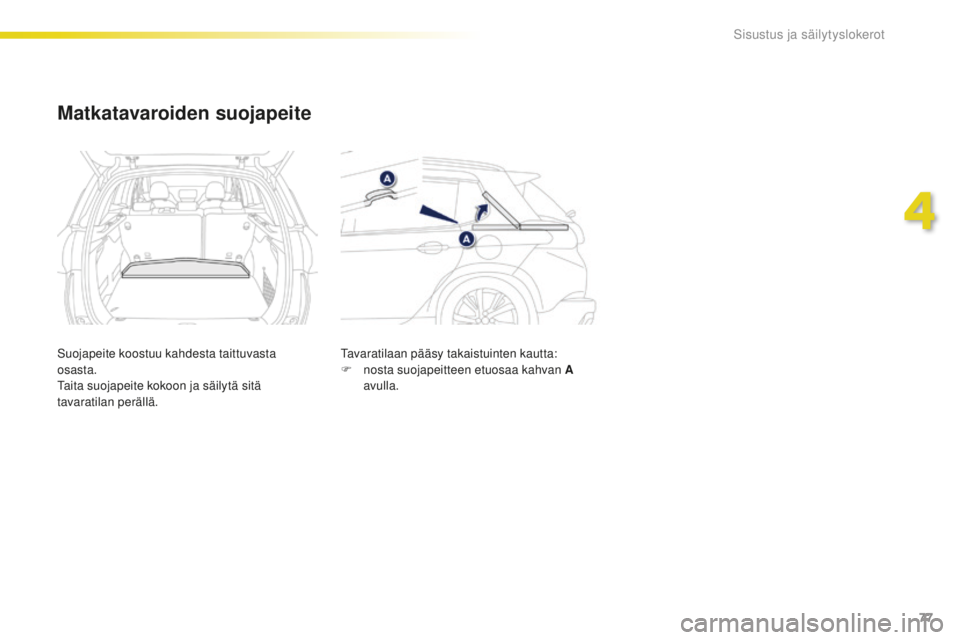 PEUGEOT 2008 2016 Omistajan Käsikirja (in Finnish) 77
2008_fi_Chap04_amenagements_ed01-2016
Matkatavaroiden suojapeite
Suojapeite koostuu kahdesta taittuvasta
osasta.
Taita suojapeite kokoon ja säilytä sitä
tavaratilan perällä.Tavaratilaan päà PEUGEOT 2008 2016 Omistajan Käsikirja (in Finnish) 77
2008_fi_Chap04_amenagements_ed01-2016
Matkatavaroiden suojapeite
Suojapeite koostuu kahdesta taittuvasta
osasta.
Taita suojapeite kokoon ja säilytä sitä
tavaratilan perällä.Tavaratilaan päÃ