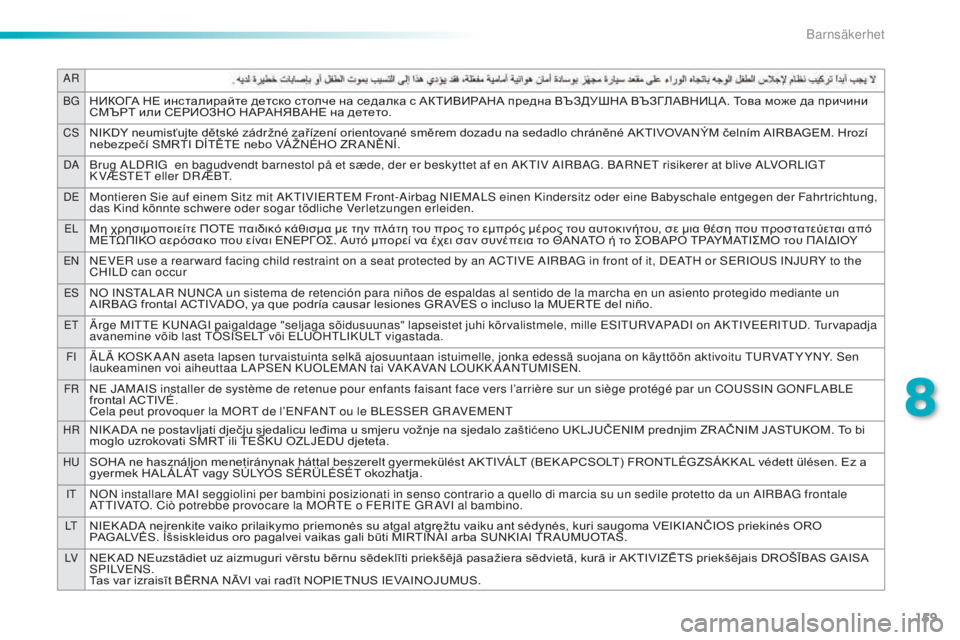 PEUGEOT 2008 2016  Bruksanvisningar (in Swedish) 159
AR
BG
НИКОГА	НЕ	инсталирайте	детско	столче	на	седалка	с	АКТИВИРАНА	предна	ВЪЗДУШНА	ВЪЗГЛАВНИЦ А.	Това	може	да
