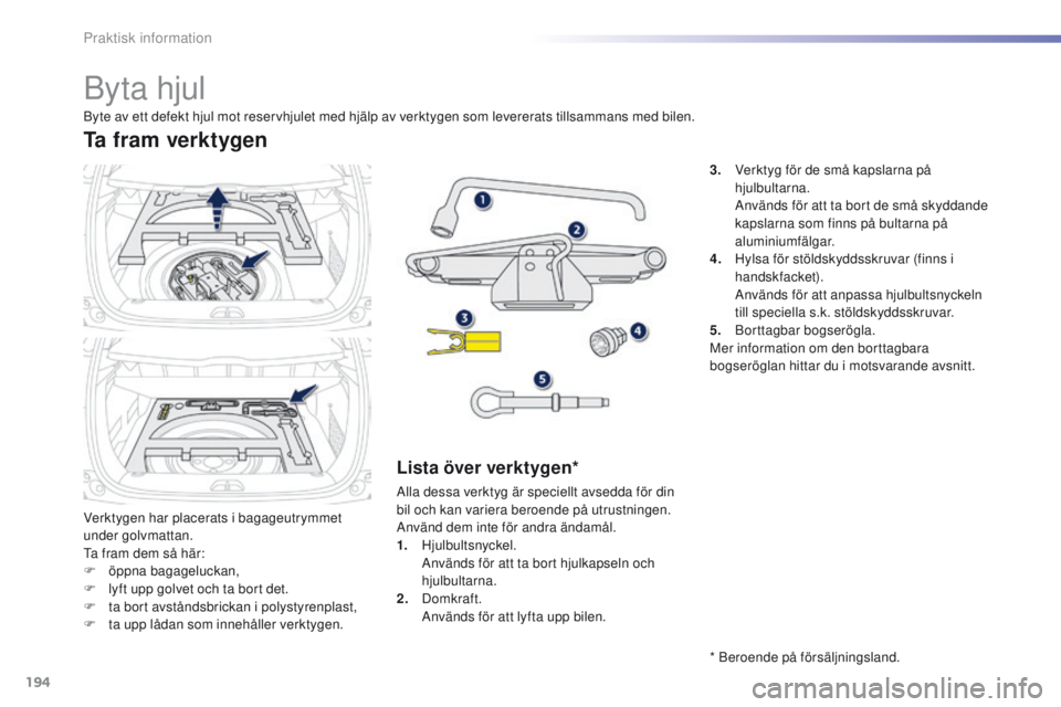 PEUGEOT 2008 2016 Bruksanvisningar (in Swedish) 194
2008_sv_Chap09_info-pratiques_ed01-2016
Byta hjul
Verktygen har placerats i bagageutrymmet
under golvmattan.
ta f
ram dem så här:
F
ö
ppna bagageluckan,
F
l
yft upp golvet och ta bort de PEUGEOT 2008 2016 Bruksanvisningar (in Swedish) 194
2008_sv_Chap09_info-pratiques_ed01-2016
Byta hjul
Verktygen har placerats i bagageutrymmet
under golvmattan.
ta f
ram dem så här:
F
ö
ppna bagageluckan,
F
l
yft upp golvet och ta bort de