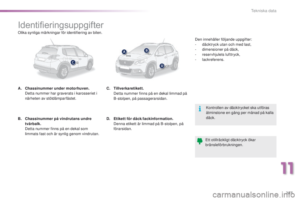 PEUGEOT 2008 2016 Bruksanvisningar (in Swedish) 253
2008_sv_Chap11_caracteristiques-techniques_ed01-2016
Identifieringsuppgifter
A. Chassinummer under motorhuven. D
etta nummer har graverats i karosseriet i
närheten av stötdämparfästet.
Kontr PEUGEOT 2008 2016 Bruksanvisningar (in Swedish) 253
2008_sv_Chap11_caracteristiques-techniques_ed01-2016
Identifieringsuppgifter
A. Chassinummer under motorhuven. D
etta nummer har graverats i karosseriet i
närheten av stötdämparfästet.
Kontr