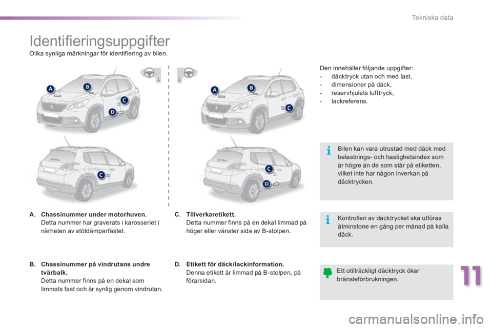 PEUGEOT 2008 2016 Bruksanvisningar (in Swedish) 11
7
Tekniska data
2008-additif_sv_Chap11_caracteristiques-techniques_ed01-2016
I d e n t i fi e r i n g s u p p g i f t e r
A. Chassinummer under motorhuven. Detta numme PEUGEOT 2008 2016 Bruksanvisningar (in Swedish) 11
7
Tekniska data
2008-additif_sv_Chap11_caracteristiques-techniques_ed01-2016
I d e n t i fi e r i n g s u p p g i f t e r
A. Chassinummer under motorhuven. Detta numme