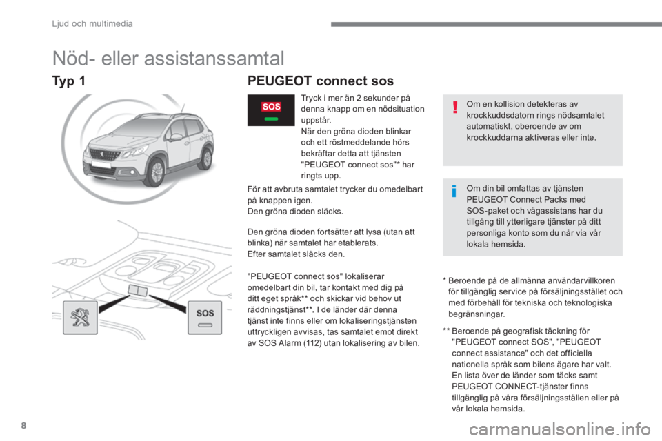 PEUGEOT 2008 2016 Bruksanvisningar (in Swedish) Ljud och multimedia
8
2008-additif_sv_Chap12a_BTA-2-BTA-3R _ed01-2016
Nöd- eller assistanssamtal
PEUGEOT connect sos
Tryck i mer än 2 sekunder på denna kn PEUGEOT 2008 2016 Bruksanvisningar (in Swedish) Ljud och multimedia
8
2008-additif_sv_Chap12a_BTA-2-BTA-3R _ed01-2016
Nöd- eller assistanssamtal
PEUGEOT connect sos
Tryck i mer än 2 sekunder på denna kn