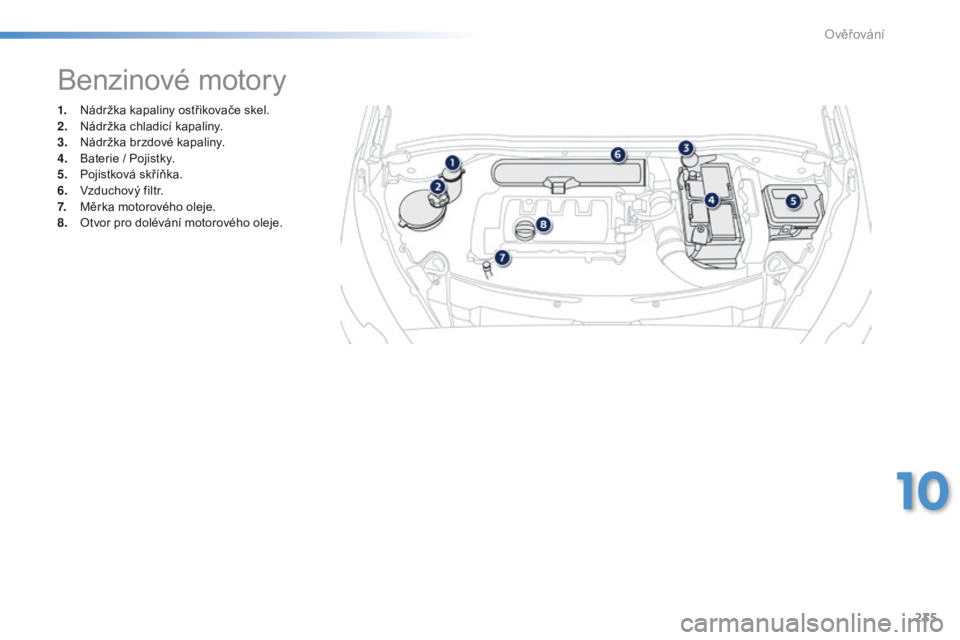 PEUGEOT 2008 2016 Návod na použití (in Czech) 235
2008_cs_Chap10_verifications_ed01-2016
1. Nádržka kapaliny ostřikovače skel.
2. Nádržka chladicí kapaliny.
3.
N
ádržka brzdové kapaliny.
4.
B
aterie / Pojistky.
5.
P
ojistková sk PEUGEOT 2008 2016 Návod na použití (in Czech) 235
2008_cs_Chap10_verifications_ed01-2016
1. Nádržka kapaliny ostřikovače skel.
2. Nádržka chladicí kapaliny.
3.
N
ádržka brzdové kapaliny.
4.
B
aterie / Pojistky.
5.
P
ojistková sk