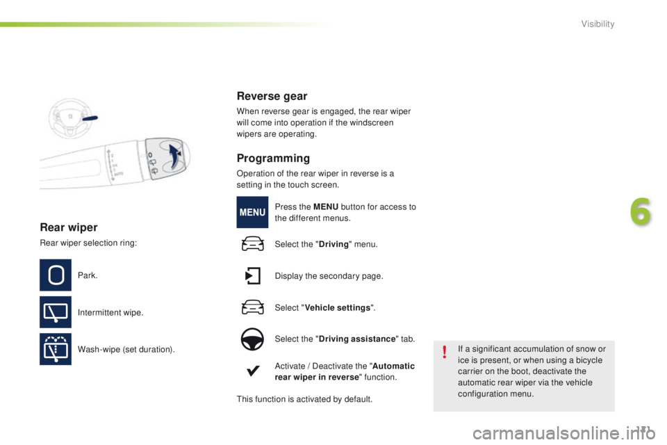 PEUGEOT 2008 2015  Owners Manual 121
2008_en_Chap06_visibilite_ed01-2015
Rear wiper
Park.
Intermittent wipe.
Wash-wipe (set duration).
Reverse gear
When reverse gear is engaged, the rear wiper 
will come into operation if the windscr