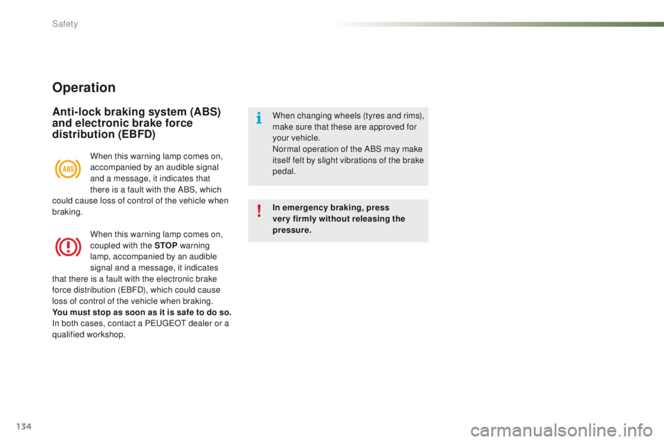 PEUGEOT 2008 2015 Owners Manual 134
2008_en_Chap07_securite_ed01-2015
Operation
Anti-lock braking system (ABS)
and electronic brake force
distribution (EBFD)
In emergency braking, press
very firmly without releasing the
pressure PEUGEOT 2008 2015 Owners Manual 134
2008_en_Chap07_securite_ed01-2015
Operation
Anti-lock braking system (ABS)
and electronic brake force
distribution (EBFD)
In emergency braking, press
very firmly without releasing the
pressure