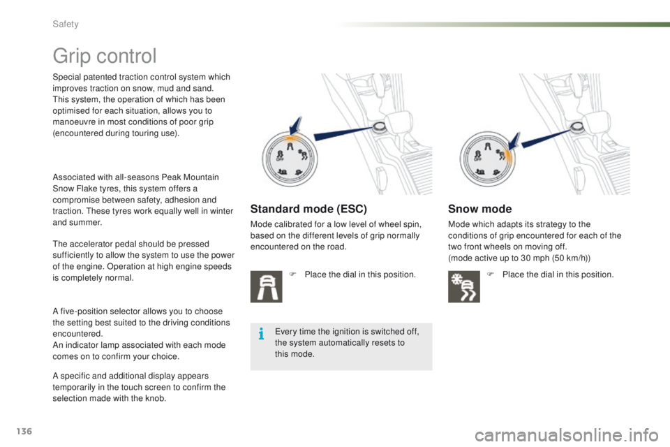 PEUGEOT 2008 2015 Owners Manual 136
2008_en_Chap07_securite_ed01-2015
Grip control
Special patented traction control system which
improves traction on snow, mud and sand.
This system, the operation of which has been
optimised for PEUGEOT 2008 2015 Owners Manual 136
2008_en_Chap07_securite_ed01-2015
Grip control
Special patented traction control system which
improves traction on snow, mud and sand.
This system, the operation of which has been
optimised for