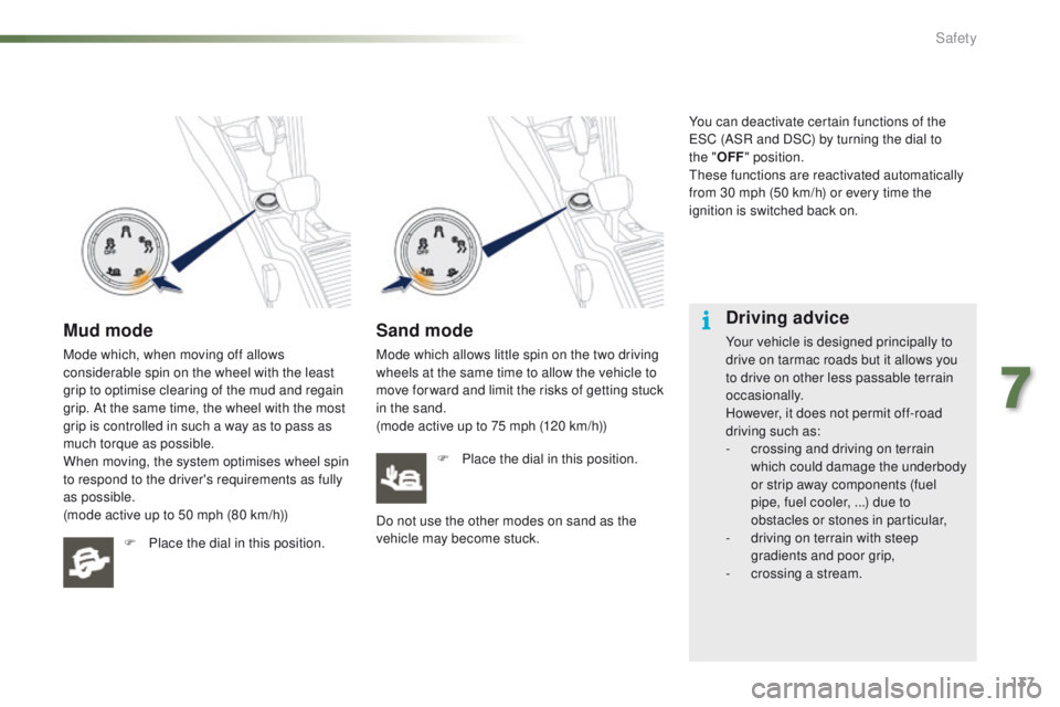 PEUGEOT 2008 2015 Owners Manual 137
2008_en_Chap07_securite_ed01-2015
Mud mode
Mode which, when moving off allows
considerable spin on the wheel with the least
grip to optimise clearing of the mud and regain
grip. At the same tim PEUGEOT 2008 2015 Owners Manual 137
2008_en_Chap07_securite_ed01-2015
Mud mode
Mode which, when moving off allows
considerable spin on the wheel with the least
grip to optimise clearing of the mud and regain
grip. At the same tim