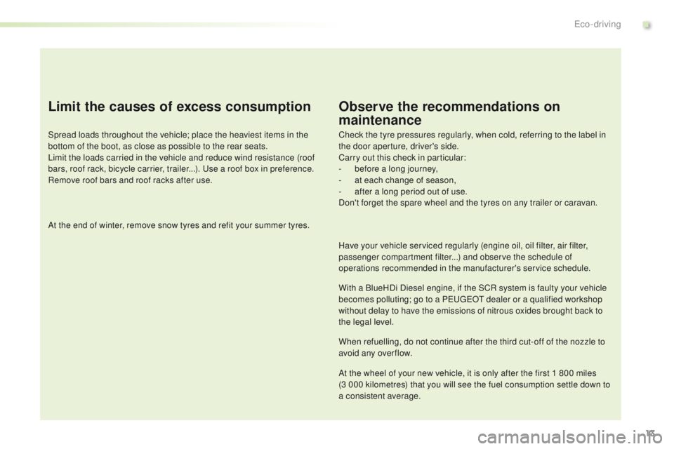 PEUGEOT 2008 2015  Owners Manual 13
2008_en_Chap00c_eco-conduite_ed01-2015
Limit the causes of excess consumption
Spread loads throughout the vehicle; place the heaviest items in the 
bottom of the boot, as close as possible to the r