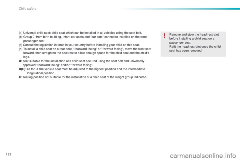 PEUGEOT 2008 2015 Owners Manual 152
2008_en_Chap08_securite-enfants_ed01-2015
(a) Universal child seat: child seat which can be installed in all vehicles using the seat belt.
(b) G roup 0: from birth to 10 kg. Infant car seats and PEUGEOT 2008 2015 Owners Manual 152
2008_en_Chap08_securite-enfants_ed01-2015
(a) Universal child seat: child seat which can be installed in all vehicles using the seat belt.
(b) G roup 0: from birth to 10 kg. Infant car seats and