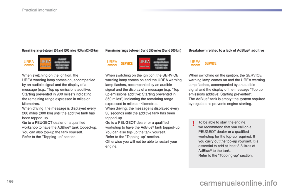 PEUGEOT 2008 2015 Owners Manual 166
2008_en_Chap09_info-pratiques_ed01-2015
When switching on the ignition, the
UREA warning lamp comes on, accompanied
by an audible signal and the display of a
message (e.g.: "Top up emissio PEUGEOT 2008 2015 Owners Manual 166
2008_en_Chap09_info-pratiques_ed01-2015
When switching on the ignition, the
UREA warning lamp comes on, accompanied
by an audible signal and the display of a
message (e.g.: "Top up emissio