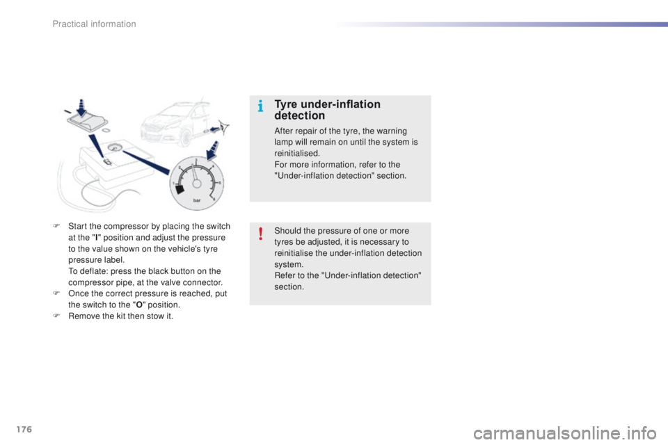 PEUGEOT 2008 2015 Owners Manual 176
2008_en_Chap09_info-pratiques_ed01-2015
F Start the compressor by placing the switch at the " I" position and adjust the pressure
to the value shown on the vehicle's tyre
pressure la PEUGEOT 2008 2015 Owners Manual 176
2008_en_Chap09_info-pratiques_ed01-2015
F Start the compressor by placing the switch at the " I" position and adjust the pressure
to the value shown on the vehicle's tyre
pressure la