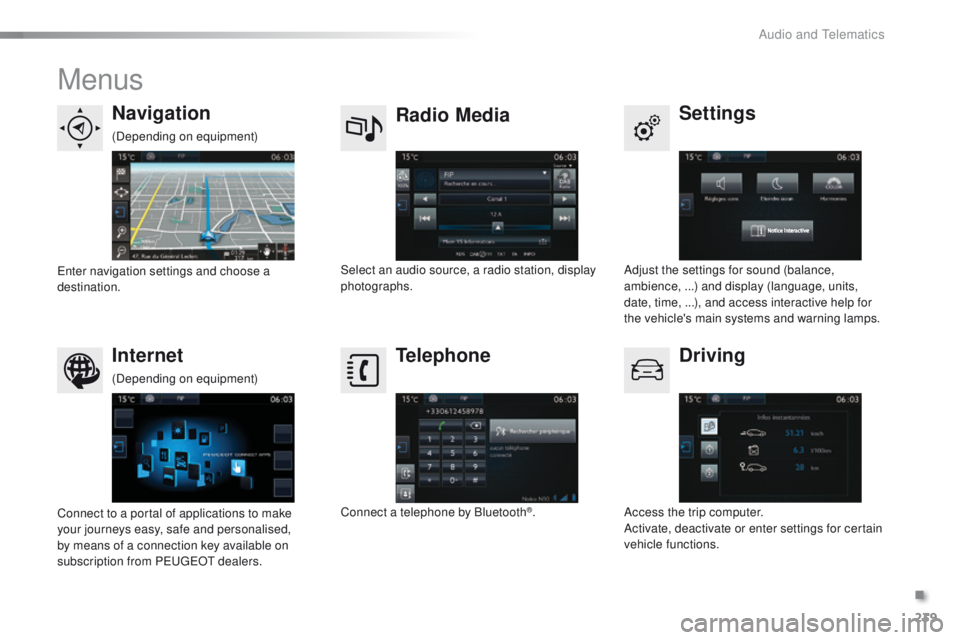 PEUGEOT 2008 2015  Owners Manual 239
2008_en_Chap12b_SMEGplus_ed01-2015
Menus
Settings
Radio Media
Navigation
Driving
Internet Telephone
Adjust the settings for sound (balance, 
ambience, ...) and display (language, units, 
date, tim