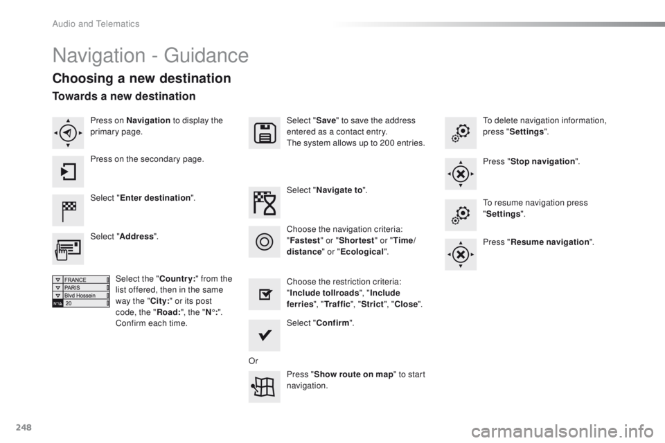 PEUGEOT 2008 2015  Owners Manual 248
2008_en_Chap12b_SMEGplus_ed01-2015
Navigation - Guidance
Choosing a new destination
Select "Enter destination ". Select "
Save" to save the address 
entered as a contact entry.
The