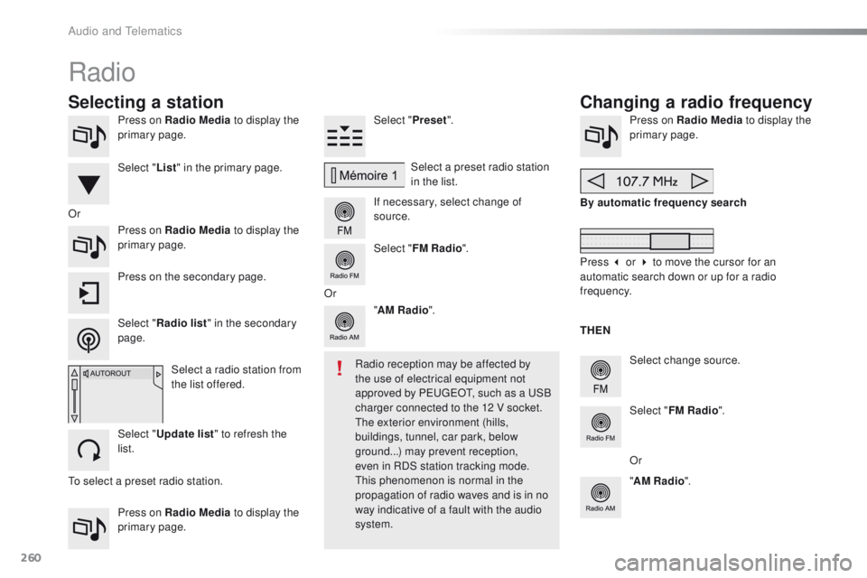 PEUGEOT 2008 2015  Owners Manual 260
2008_en_Chap12b_SMEGplus_ed01-2015
Press on Radio Media to display the 
primary page.
Press on Radio Media  to display the 
primary page. Select "
Preset".
If necessary, select change of 
