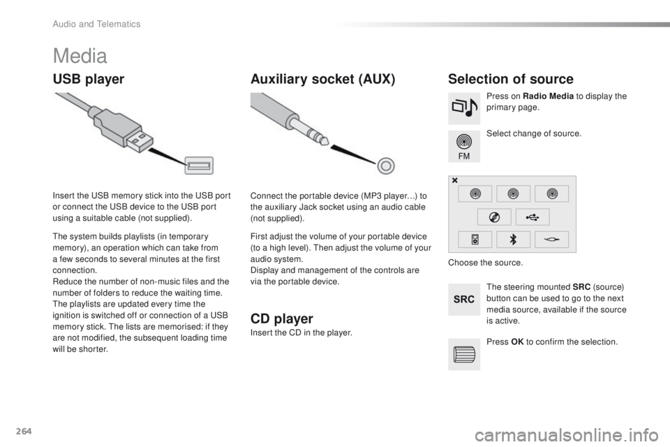 PEUGEOT 2008 2015  Owners Manual 264
2008_en_Chap12b_SMEGplus_ed01-2015
Media
USB playerSelection of source
The steering mounted SRC (s o u r c e) 
button can be used to go to the next 
media source, available if the source 
is activ