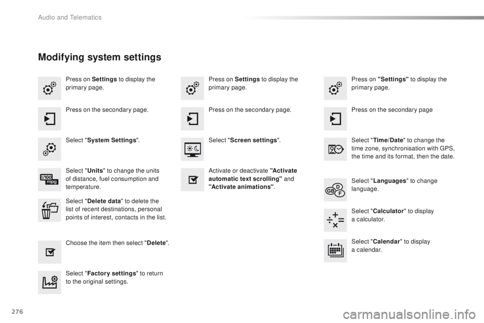 PEUGEOT 2008 2015  Owners Manual 276
2008_en_Chap12b_SMEGplus_ed01-2015
Press on Settings to display the 
primary page. Press on "Settings"
 to display the 
primary page.
Press on Settings
 to display the 
primary page.
Press