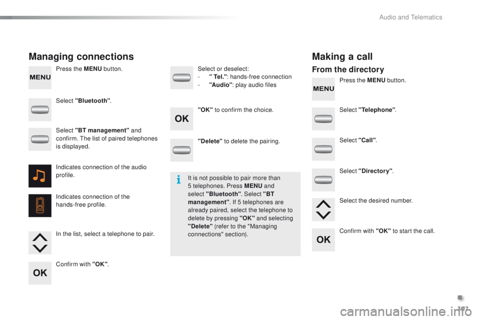 PEUGEOT 2008 2015  Owners Manual 307
2008_en_Chap12c_RDE2_ed01-2015
Press the MENU button.
Press the MENU button.
Managing connections Making a call
From the directory
Select "Bluetooth".
Select "Telephone".
Select &#