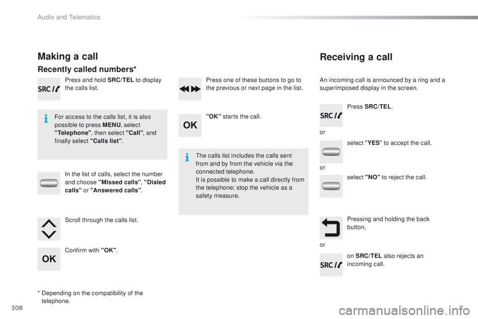 PEUGEOT 2008 2015  Owners Manual 308
2008_en_Chap12c_RDE2_ed01-2015
Receiving a call
An incoming call is announced by a ring and a 
superimposed display in the screen.
For access to the calls list, it is also 
possible to press MENU 