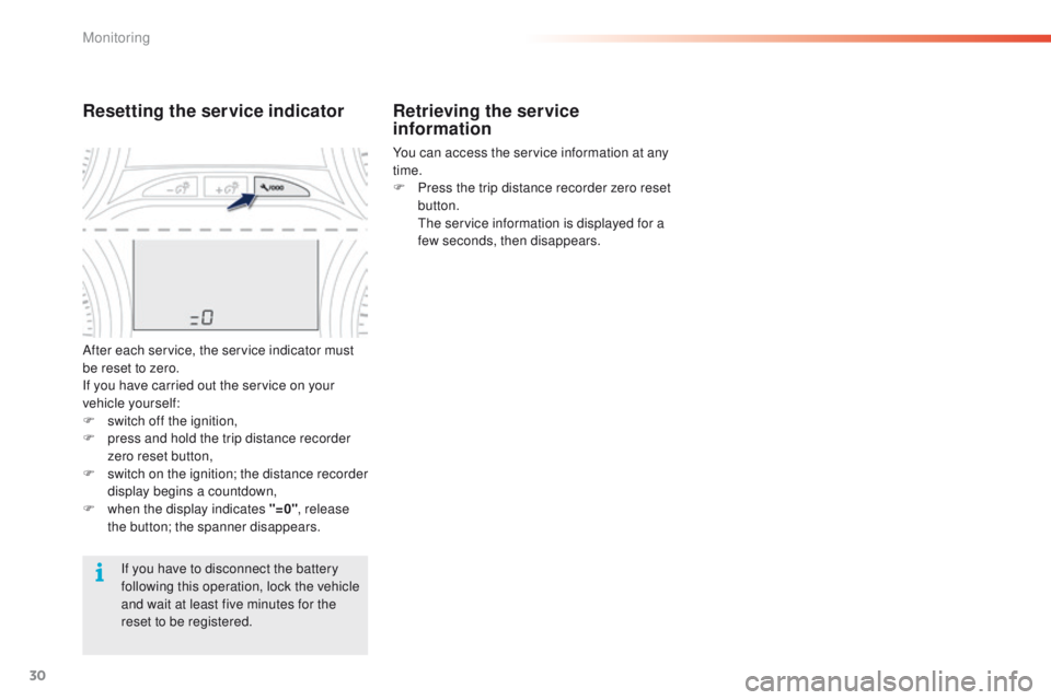 PEUGEOT 2008 2015 Owners Guide 30
Retrieving the service
information
You can access the service information at any
time.
F
P
ress the trip distance recorder zero reset
button.
T
he service information is displayed for a
few PEUGEOT 2008 2015 Owners Guide 30
Retrieving the service
information
You can access the service information at any
time.
F
P
ress the trip distance recorder zero reset
button.
T
he service information is displayed for a
few