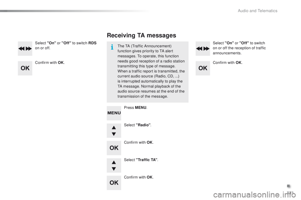PEUGEOT 2008 2015 Owners Manual 321
2008_en_Chap12d_RDE1_ed01-2015
Select "Radio".
Select "On"
or "Off" to switch RDS
on or off. Select "On" or "Off"
to switch
on or off the reception of PEUGEOT 2008 2015 Owners Manual 321
2008_en_Chap12d_RDE1_ed01-2015
Select "Radio".
Select "On"
or "Off" to switch RDS
on or off. Select "On" or "Off"
to switch
on or off the reception of