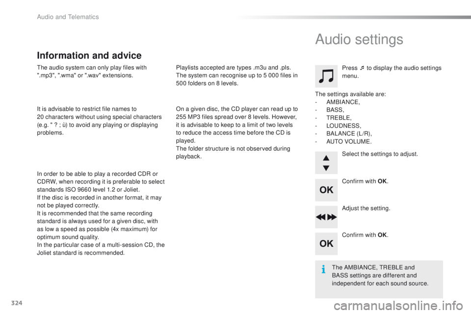 PEUGEOT 2008 2015 Owners Manual 324
2008_en_Chap12d_RDE1_ed01-2015
The audio system can only play files with
".mp3", ".wma" or ".wav" extensions.
It is advisable to restrict file names to
20
characters wi PEUGEOT 2008 2015 Owners Manual 324
2008_en_Chap12d_RDE1_ed01-2015
The audio system can only play files with
".mp3", ".wma" or ".wav" extensions.
It is advisable to restrict file names to
20
characters wi