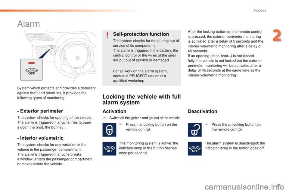 PEUGEOT 2008 2015 Workshop Manual 51
2008_en_Chap02_ouvertures_ed01-2015
System which protects and provides a deterrent 
against theft and break-ins. It provides the 
following types of monitoring:
Alarm
- Exterior perimeter
The syste