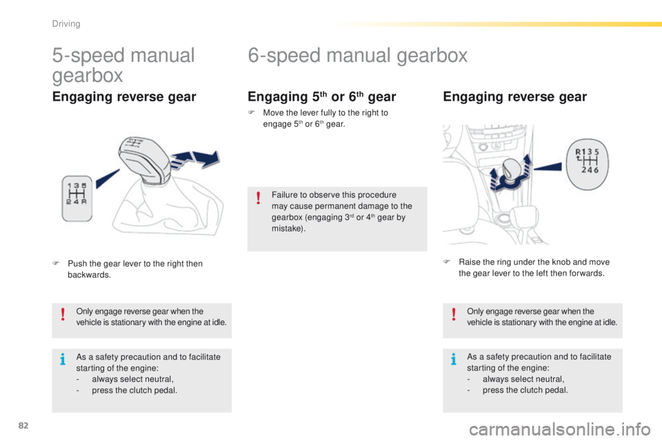 PEUGEOT 2008 2015 Manual Online 82
2008_en_Chap05_conduite_ed01-2015
6-speed manual gearbox
Engaging reverse gear
Only engage reverse gear when the
vehicle is stationary with the engine at idle.
As a safety precaution and to facili PEUGEOT 2008 2015 Manual Online 82
2008_en_Chap05_conduite_ed01-2015
6-speed manual gearbox
Engaging reverse gear
Only engage reverse gear when the
vehicle is stationary with the engine at idle.
As a safety precaution and to facili