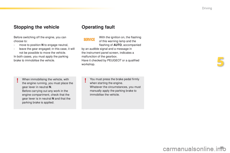 PEUGEOT 2008 2015  Owners Manual 89
2008_en_Chap05_conduite_ed01-2015
Operating fault
When immobilising the vehicle, with 
the engine running, you must place the 
gear lever in neutral N.
Before carrying out any work in the 
engine c