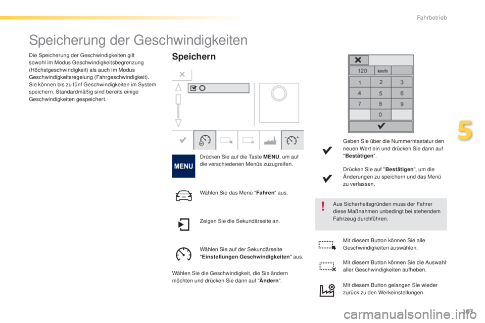 PEUGEOT 2008 2015 Betriebsanleitungen (in German) 103
2008_de_Chap05_conduite_ed01-2015
Speicherung der Geschwindigkeiten
Speichern
Drücken Sie auf die Taste MENU, um auf
die verschiedenen Menüs zuzugreifen.
Aus Sicherheitsgründen muss der Fahrer PEUGEOT 2008 2015 Betriebsanleitungen (in German) 103
2008_de_Chap05_conduite_ed01-2015
Speicherung der Geschwindigkeiten
Speichern
Drücken Sie auf die Taste MENU, um auf
die verschiedenen Menüs zuzugreifen.
Aus Sicherheitsgründen muss der Fahrer