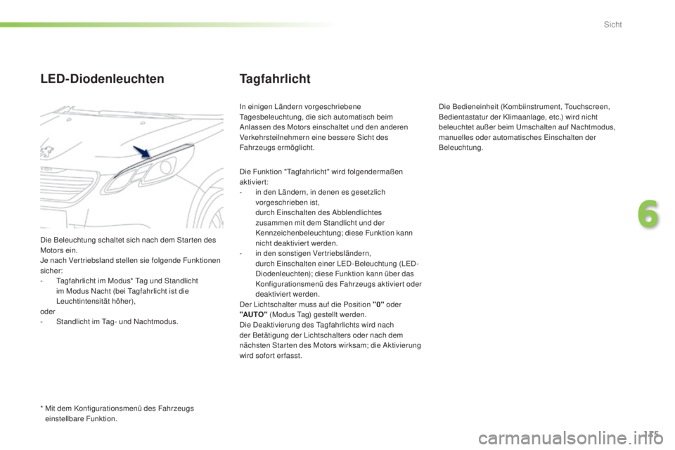 PEUGEOT 2008 2015 Betriebsanleitungen (in German) 115
2008_de_Chap06_visibilite_ed01-2015
Tagfahrlicht
In einigen Ländern vorgeschriebene
Tagesbeleuchtung, die sich automatisch beim
Anlassen des Motors einschaltet und den anderen
Verkehrsteilnehm PEUGEOT 2008 2015 Betriebsanleitungen (in German) 115
2008_de_Chap06_visibilite_ed01-2015
Tagfahrlicht
In einigen Ländern vorgeschriebene
Tagesbeleuchtung, die sich automatisch beim
Anlassen des Motors einschaltet und den anderen
Verkehrsteilnehm