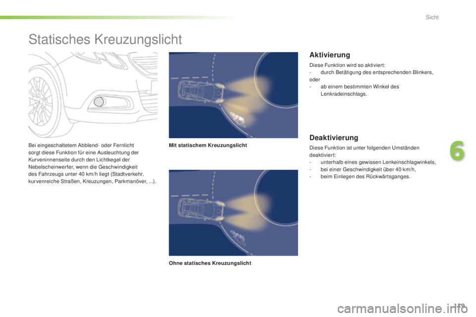 PEUGEOT 2008 2015 Betriebsanleitungen (in German) 119
2008_de_Chap06_visibilite_ed01-2015
Bei eingeschaltetem Abblend- oder Fernlicht
sorgt diese Funktion für eine Ausleuchtung der
Kur veninnenseite durch den Lichtkegel der
Nebelscheinwerfer, wen PEUGEOT 2008 2015 Betriebsanleitungen (in German) 119
2008_de_Chap06_visibilite_ed01-2015
Bei eingeschaltetem Abblend- oder Fernlicht
sorgt diese Funktion für eine Ausleuchtung der
Kur veninnenseite durch den Lichtkegel der
Nebelscheinwerfer, wen