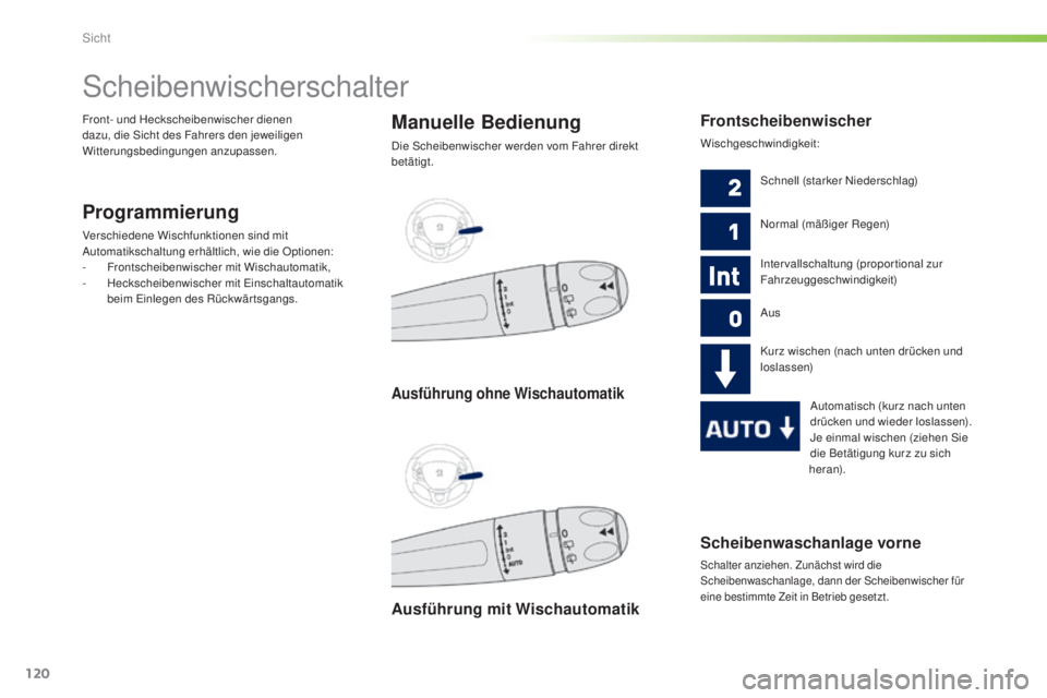 PEUGEOT 2008 2015 Betriebsanleitungen (in German) 120
2008_de_Chap06_visibilite_ed01-2015
Scheibenwaschanlage vorne
Schalter anziehen. Zunächst wird die
Scheibenwaschanlage, dann der Scheibenwischer für
eine bestimmte Zeit in Betrieb gesetzt.
Sch PEUGEOT 2008 2015 Betriebsanleitungen (in German) 120
2008_de_Chap06_visibilite_ed01-2015
Scheibenwaschanlage vorne
Schalter anziehen. Zunächst wird die
Scheibenwaschanlage, dann der Scheibenwischer für
eine bestimmte Zeit in Betrieb gesetzt.
Sch