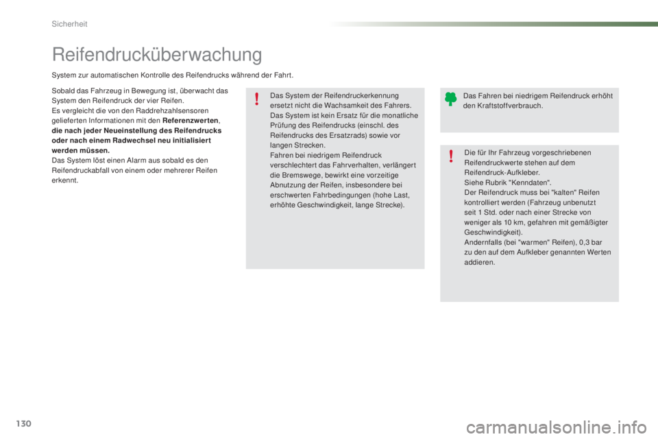 PEUGEOT 2008 2015 Betriebsanleitungen (in German) 130
2008_de_Chap07_securite_ed01-2015
Das System der Reifendruckerkennung
ersetzt nicht die Wachsamkeit des Fahrers.
Das System ist kein Ersatz für die monatliche
Prüfung des Reifendrucks (einschl PEUGEOT 2008 2015 Betriebsanleitungen (in German) 130
2008_de_Chap07_securite_ed01-2015
Das System der Reifendruckerkennung
ersetzt nicht die Wachsamkeit des Fahrers.
Das System ist kein Ersatz für die monatliche
Prüfung des Reifendrucks (einschl