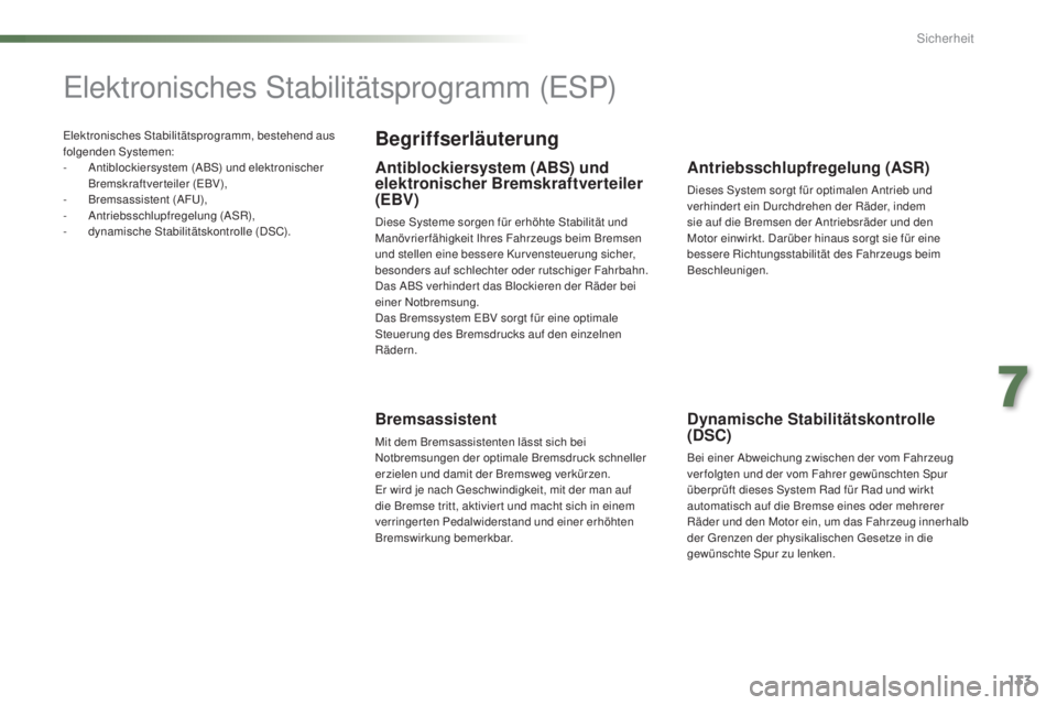 PEUGEOT 2008 2015 Betriebsanleitungen (in German) 133
2008_de_Chap07_securite_ed01-2015
Elektronisches Stabilitätsprogramm, bestehend aus
folgenden Systemen:
-
A
ntiblockiersystem (ABS) und elektronischer
Bremskraftverteiler (EBV),
-
B
remsassi PEUGEOT 2008 2015 Betriebsanleitungen (in German) 133
2008_de_Chap07_securite_ed01-2015
Elektronisches Stabilitätsprogramm, bestehend aus
folgenden Systemen:
-
A
ntiblockiersystem (ABS) und elektronischer
Bremskraftverteiler (EBV),
-
B
remsassi
