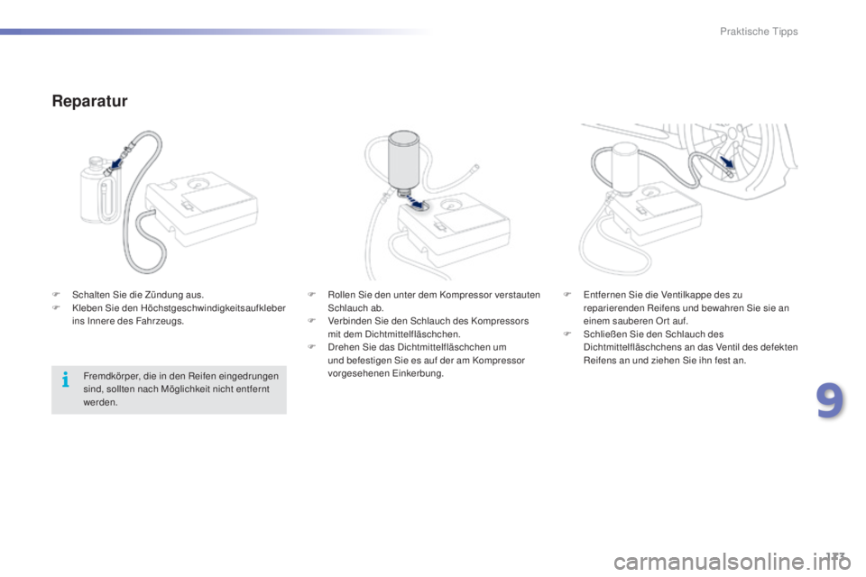 PEUGEOT 2008 2015 Betriebsanleitungen (in German) 173
2008_de_Chap09_info-pratiques_ed01-2015
Reparatur
F Rollen Sie den unter dem Kompressor verstauten Schlauch ab.
F
V
erbinden Sie den Schlauch des Kompressors
mit dem Dichtmittelfläschchen.
F
PEUGEOT 2008 2015 Betriebsanleitungen (in German) 173
2008_de_Chap09_info-pratiques_ed01-2015
Reparatur
F Rollen Sie den unter dem Kompressor verstauten Schlauch ab.
F
V
erbinden Sie den Schlauch des Kompressors
mit dem Dichtmittelfläschchen.
F