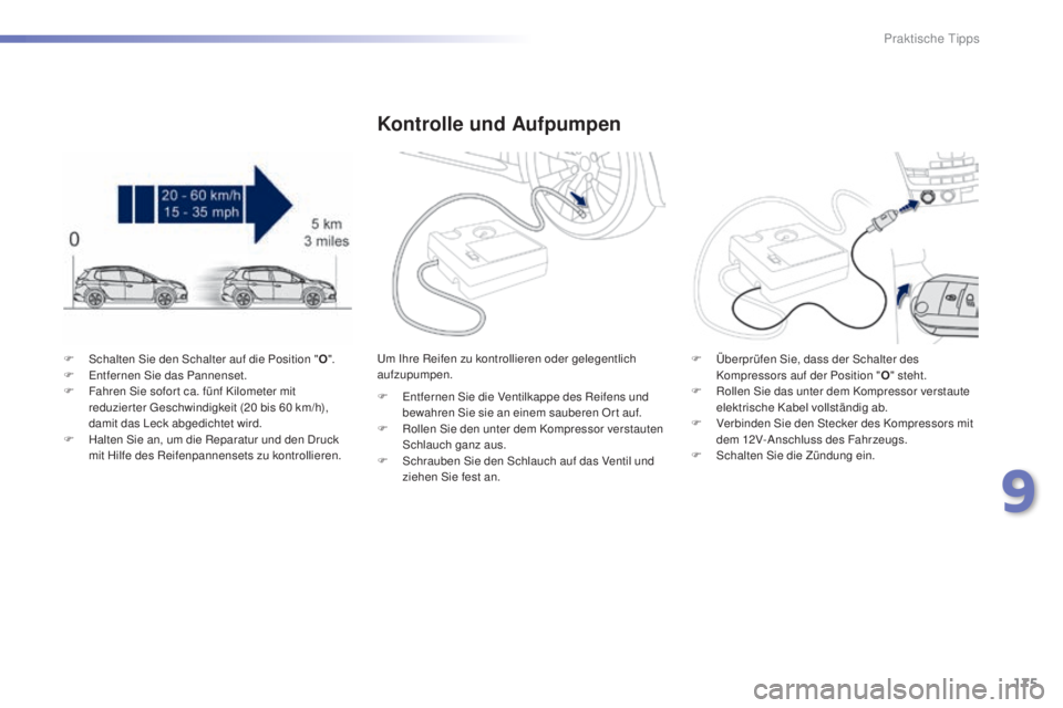PEUGEOT 2008 2015 Betriebsanleitungen (in German) 175
2008_de_Chap09_info-pratiques_ed01-2015
F Schalten Sie den Schalter auf die Position "O".
F E ntfernen Sie das Pannenset.
F
F
ahren Sie sofor t ca. fünf Kilometer mit
reduzier ter Ge PEUGEOT 2008 2015 Betriebsanleitungen (in German) 175
2008_de_Chap09_info-pratiques_ed01-2015
F Schalten Sie den Schalter auf die Position "O".
F E ntfernen Sie das Pannenset.
F
F
ahren Sie sofor t ca. fünf Kilometer mit
reduzier ter Ge