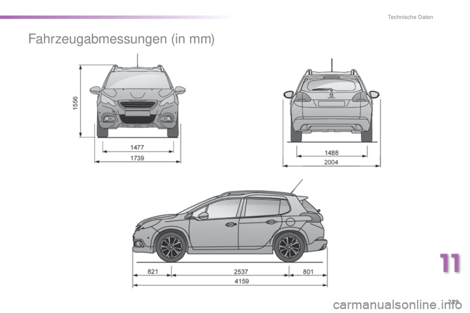 PEUGEOT 2008 2015 Betriebsanleitungen (in German) 229
2008_de_Chap11_caracteristiques-techniques_ed01-2015
Fahrzeugabmessungen (in mm)
11
Technische Daten PEUGEOT 2008 2015 Betriebsanleitungen (in German) 229
2008_de_Chap11_caracteristiques-techniques_ed01-2015
Fahrzeugabmessungen (in mm)
11
Technische Daten