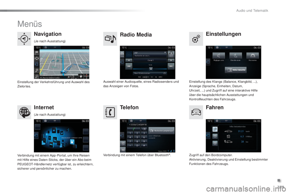 PEUGEOT 2008 2015  Betriebsanleitungen (in German) 239
2008_de_Chap12b_SMEGplus_ed01-2015
Menüs
Einstellungen
Radio Media
Navigation
Fahren
Internet Telefon
Einstellung des Klangs (Balance, Klangbild, ...), 
Anzeige (Sprache, Einheiten, Datum,  
Uhrz