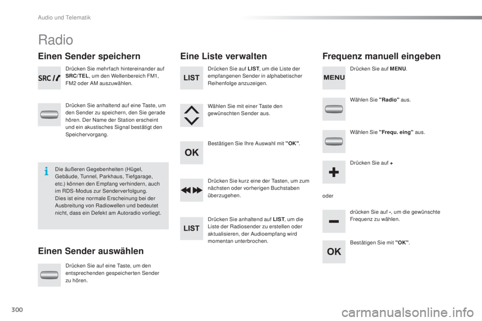 PEUGEOT 2008 2015 Betriebsanleitungen (in German) 300
2008_de_Chap12c_RDE2_ed01-2015
Radio
Einen Sender speichern
Einen Sender auswählenEine Liste verwalten
Frequenz manuell eingeben
Drücken Sie mehrfach hintereinander auf
SRC/TEL, um den Wellenbe PEUGEOT 2008 2015 Betriebsanleitungen (in German) 300
2008_de_Chap12c_RDE2_ed01-2015
Radio
Einen Sender speichern
Einen Sender auswählenEine Liste verwalten
Frequenz manuell eingeben
Drücken Sie mehrfach hintereinander auf
SRC/TEL, um den Wellenbe