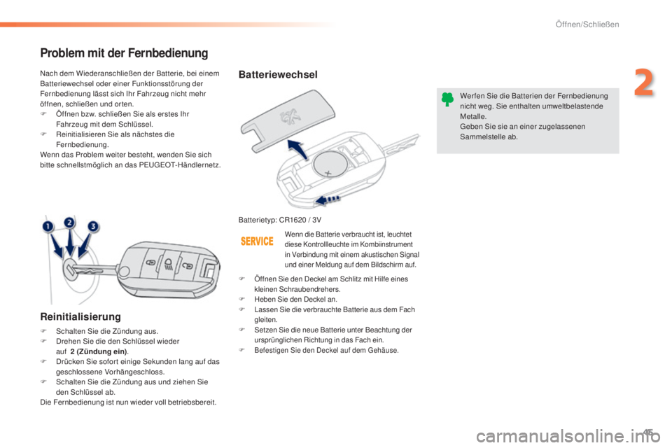 PEUGEOT 2008 2015 Betriebsanleitungen (in German) 45
2008_de_Chap02_ouvertures_ed01-2015
Batteriewechsel
Batterietyp: CR1620 / 3VW er fen Sie die Batterien der Fernbedienung
nicht weg. Sie enthalten umweltbelastende
Metalle.
Geben Sie sie an einer PEUGEOT 2008 2015 Betriebsanleitungen (in German) 45
2008_de_Chap02_ouvertures_ed01-2015
Batteriewechsel
Batterietyp: CR1620 / 3VW er fen Sie die Batterien der Fernbedienung
nicht weg. Sie enthalten umweltbelastende
Metalle.
Geben Sie sie an einer