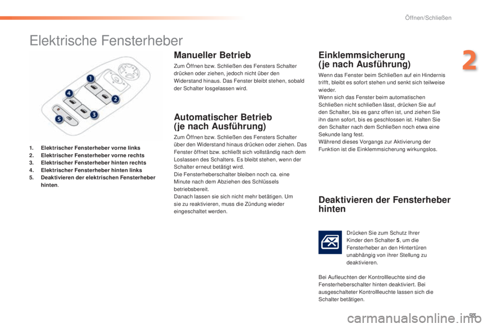 PEUGEOT 2008 2015 Betriebsanleitungen (in German) 53
2008_de_Chap02_ouvertures_ed01-2015
Elektrische Fensterheber
1. Elektrischer Fensterheber vorne links
2. E lektrischer Fensterheber vorne rechts
3.
E
lektrischer Fensterheber hinten rechts
4.
E
PEUGEOT 2008 2015 Betriebsanleitungen (in German) 53
2008_de_Chap02_ouvertures_ed01-2015
Elektrische Fensterheber
1. Elektrischer Fensterheber vorne links
2. E lektrischer Fensterheber vorne rechts
3.
E
lektrischer Fensterheber hinten rechts
4.
E
