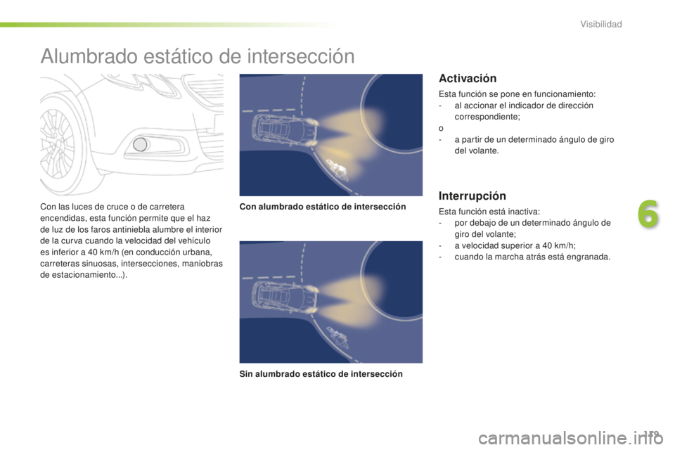 PEUGEOT 2008 2015  Manual del propietario (in Spanish) 119
2008_es_Chap06_visibilite_ed01-2015
Con las luces de cruce o de carretera 
encendidas, esta función permite que el haz 
de luz de los faros antiniebla alumbre el interior 
de la curva cuando la v