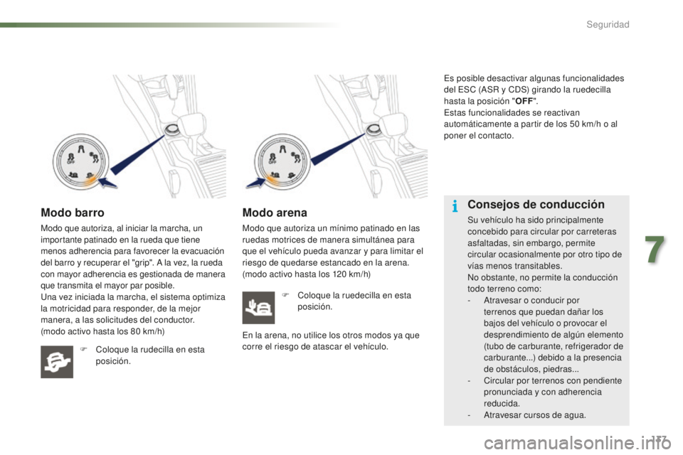 PEUGEOT 2008 2015 Manual del propietario (in Spanish) 137
2008_es_Chap07_securite_ed01-2015
Modo barro
Modo que autoriza, al iniciar la marcha, un
importante patinado en la rueda que tiene
menos adherencia para favorecer la evacuación
del barro y rec PEUGEOT 2008 2015 Manual del propietario (in Spanish) 137
2008_es_Chap07_securite_ed01-2015
Modo barro
Modo que autoriza, al iniciar la marcha, un
importante patinado en la rueda que tiene
menos adherencia para favorecer la evacuación
del barro y rec