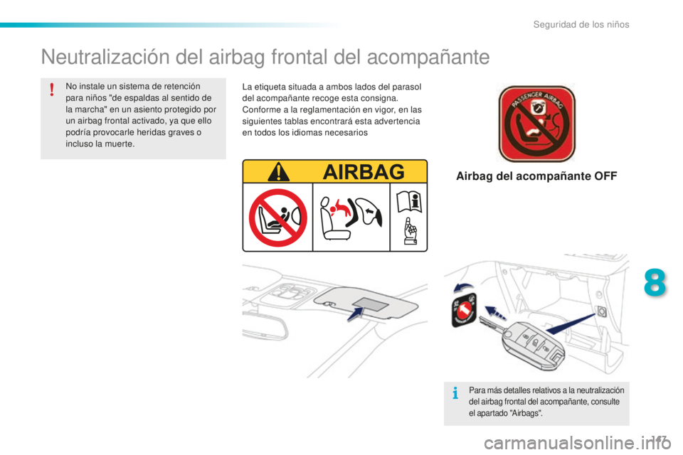 PEUGEOT 2008 2015 Manual del propietario (in Spanish) 147
2008_es_Chap08_securite-enfants_ed01-2015
Neutralización del airbag frontal del acompañante
No instale un sistema de retención
para niños "de espaldas al sentido de
la marcha" en un PEUGEOT 2008 2015 Manual del propietario (in Spanish) 147
2008_es_Chap08_securite-enfants_ed01-2015
Neutralización del airbag frontal del acompañante
No instale un sistema de retención
para niños "de espaldas al sentido de
la marcha" en un